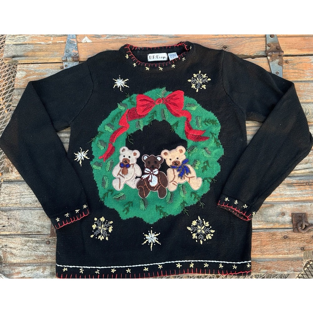 Vintage 90s BP Designs Women's Black Bear Christmas Reef Sweater Size Small